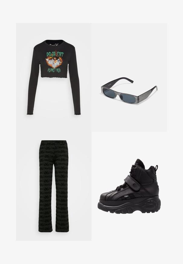Noisy May NMSAGA O NECK DOJA CAT - Longsleeve - black; Aangesloten zwarte broek met een subtiel reliëf met een spiraalpatroon. Voorzien van een traditionele tailleband en een recht model. Zachte textuur, minimalistische stijl.; Zwarte hoge sneakers met een dikke rubberen zool, leren bovenwerk, veters en klittenbandsluitingen, en gedetailleerde zijkanten met textuur.; Zwarte zonnebril met grijze lenzen, versierd met een rasterpatroon van kleine metalen strass-steentjes langs het montuur. Gladde afwerking, hoekig ontwerp.