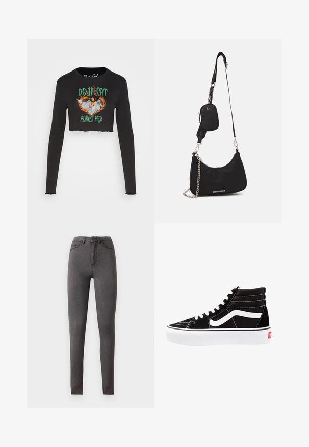 Noisy May NMSAGA O NECK DOJA CAT - Top s dlhým rukávom - black; Vysoký pás, slim-fit tmavosivé denimové rifle s vreckami vpredu aj vzadu, zapínanie na gombíky a viditeľné švy.; Čierne vysoké tenisky s bielymi šnúrkami, bielym logom a kontrastným bielym prešívaním. Majú hrubú bielu podrážku a textúrovaný semišový zvršok.; Čierna nylonová taška cez rameno so zakriveným tvarom, strieborným reťazovým akcentom, odnímateľnou mini taškou a nastaviteľným popruhom; má logo "Steve Madden".