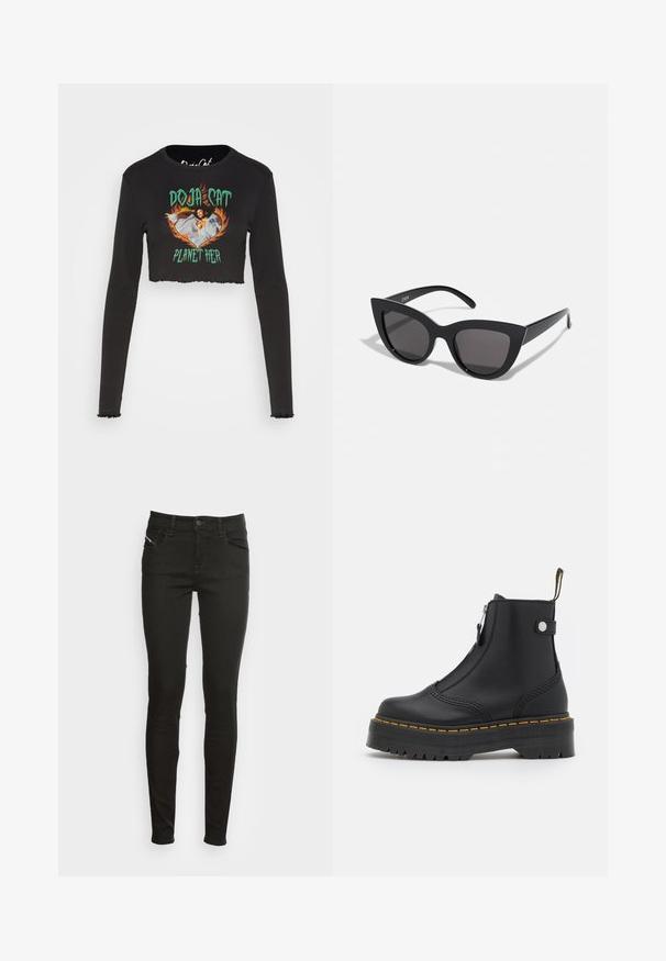 Noisy May NMSAGA O NECK DOJA CAT - Top s dlhým rukávom - black; Čierne slim-fit džínsy s prednými vreckami, pútkami na opasok, gombíkovým zapínaním a zipsom, zobrazené na bielom pozadí.; Čierne členkové topánky vyrobené z hladkej kože, so bočným zipsom, žltým prešívaním a hrubou, ryhovanou gumovou podrážkou.; Čierne slnečné okuliare v štýle mačacích očí s matným povrchom, so šedými tónovanými sklami, ostrými hranami a elegantnými bokovými ramenami. Názov značky je viditeľný na vnútornom ramene.