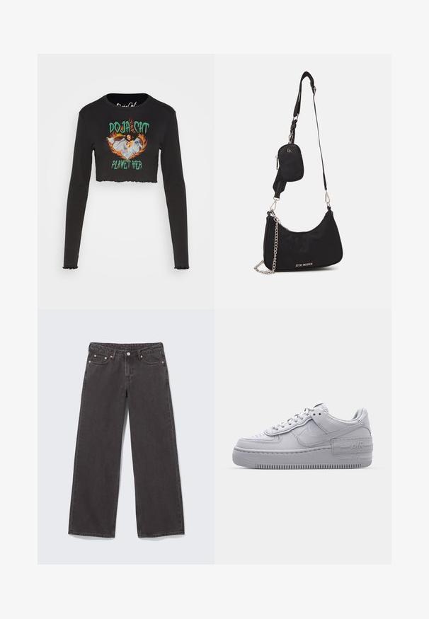 Noisy May NMSAGA O NECK DOJA CAT - T-shirt à manches longues - black; Jean en denim noir à jambes larges avec rivets en cuivre, cinq poches et fermeture par boutons. Texture douce et robuste, coupe droite de la taille à l'ourlet.; Basket en cuir lisse gris Nike Air Force 1 avec un bout perforé, une semelle épaisse et un détail 'AIR' en relief sur le talon.; Sac en nylon noir à l'épaule avec une forme incurvée, accent en chaîne argentée, pochette mini amovible et bandoulière ajustable ; présente le logo "Steve Madden".
