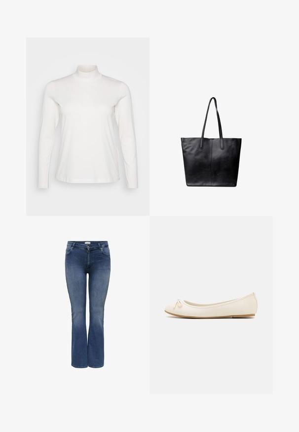 Langærmet, højhalset hvid bluse lavet af blødt stof. Har et tætsiddende design og en glat tekstur med minimale syninger.; Denim flared jeans i mellemblå med en glat tekstur, der har forlommer og en lynlåslukning. Diskret slidte detaljer.; Balletflade i crèmefarve med en rund tå, en lille sløjfedetalje foran og en struktureret beige sål. Glat syntetisk materiale.; Sort læder-tote taske med lange håndtag og en glat, let struktureret overflade, vist mod en hvid baggrund.