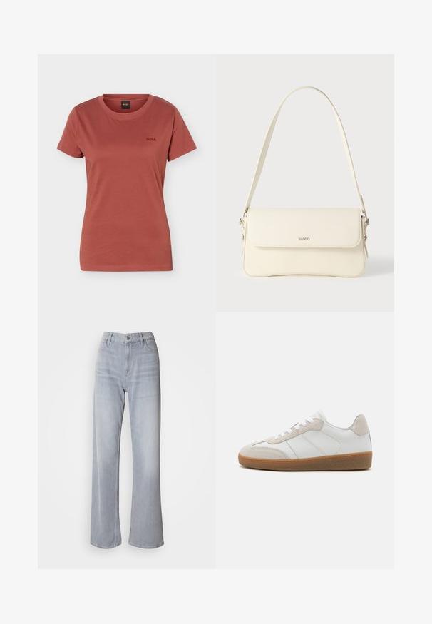 Camiseta de mujer de color óxido con mangas cortas y cuello redondo, con pequeño logo "BOSS" bordado en el pecho izquierdo.; Jeans de pernera ancha en gris claro, con cintura alta, hechos de denim. Presentan bolsillos frontales, cremallera y un leve desvanecimiento por toda la prenda.; Deportivas de cuero blanco con acentos de ante beige, lengua texturizada y suela de goma. Presenta cordones blancos y detalles sutiles de costura.; Bolso de hombro de cuero color crema con cierre de solapa, herrajes plateados, una sola correa ajustable y detalles sutiles con el logo.