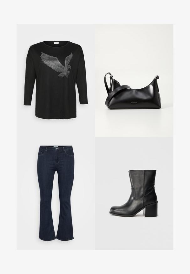 Sort langærmet skjorte med et glitrende ørne-design lavet af sølvfarvede rhinsten, med en afslappet pasform og rund halsudskæring.; Mørkeblå høj talje denim jeans med tætsiddende lår og let flared nederst, med forlommer og knaplukning.; Sort læderankelstøvle med rundet tå, sidesømme og en chunky blokhælk. Glat tekstur og minimalistisk design.; Sort læderhåndtaske med en glat tekstur. Har en justerbar stropp og et enkelt, minimalistisk design med lynlås.