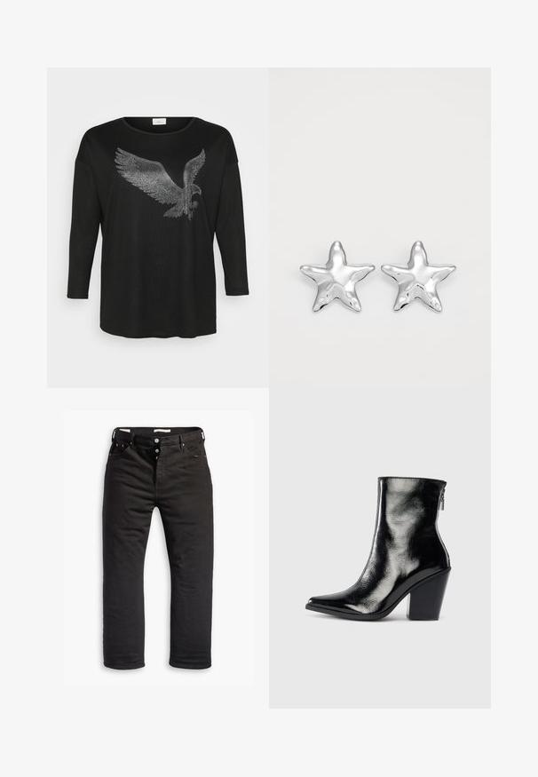 Sort langærmet skjorte med et glitrende ørne-design lavet af sølvfarvede rhinsten, med en afslappet pasform og rund halsudskæring.; Sorte denim jeans med lige ben, med knaplukning, fem lommer og diskrete syninger. Glat tekstur.; Sorte læder ankelstøvler med en blank finish, spidse tæer og blokhæle. Har en sidezipper for nem på- og aftagning.; Sølvstjernede øreringe med en poleret, blank overflade. Hver ørering har fem spidser og subtile teksturdetaljer på overfladen.