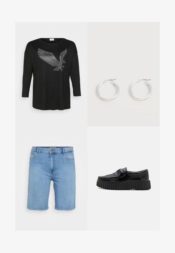 Schwarzes Langarmshirt mit einem glänzenden Adlerdesign aus silbernen Strasssteinen, entspannt geschnitten und mit rundem Ausschnitt.; Helles blaues Denim-Shorts mit klassischem Schnitt, ausgestattet mit einem vorderen Knopfverschluss, Gürtelschlaufen und zwei Seitentaschen. Glatte Textur und gerader Saum.; Schwarze Loafers mit glänzender Oberfläche, runder Zehenform, geriffelter schwarzer Sohle und einem Riemen über dem Obermaterial für zusätzliche Details.; Paar mittelgroße glänzende silberne Hoop-Ohrringe mit dünnen Metallverschlüssen auf hellem neutralem Hintergrund.