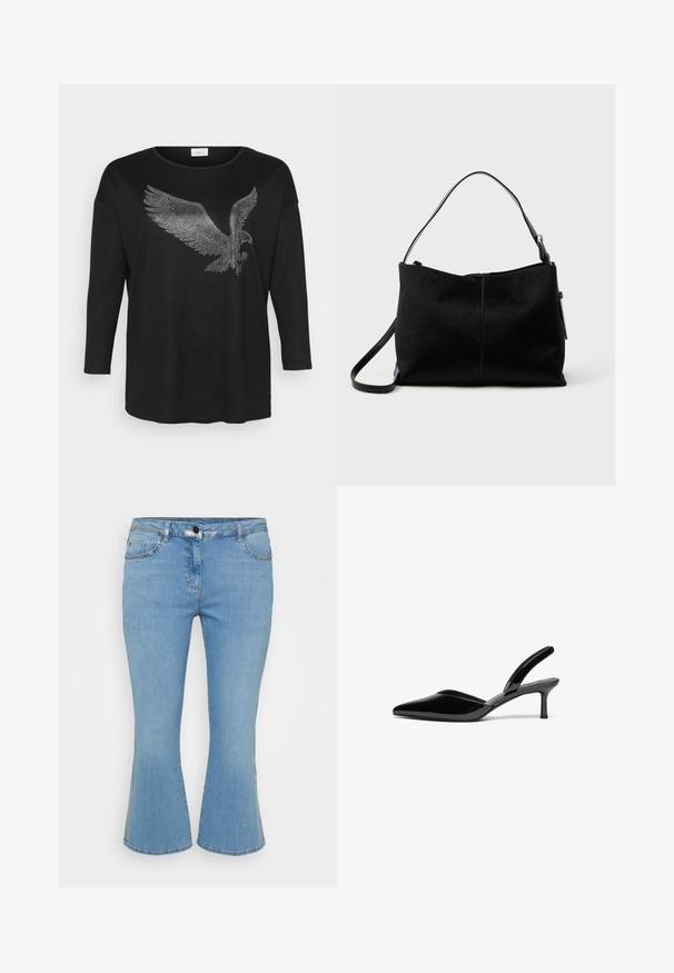 Musta pitkähihainen paita, jossa on hohtava kotka-design, joka on tehty hopeisista rhinestone-kivistä. Paidassa on rento istuvuus ja pyöreä pääntie.; Vaaleansiniset farkut, joissa on leveä lahje ja viisi taskua. Farkuissa on nappikiinnitys ja kontrastivärinen ompelu saumoissa.; Musta patentoitu nahka slingback-korkokengät, joissa on terävä kärki, matala stiletto-korko ja tyylikäs, yksinkertainen muotoilu ilman koristeita.; Musta olkalaukku, jossa on sileä, teksturoitu pinta, varustettuna yhdellä hihnalla ja ylhäältä avattavalla vetoketjulla. Kompakti suorakulmainen muoto.