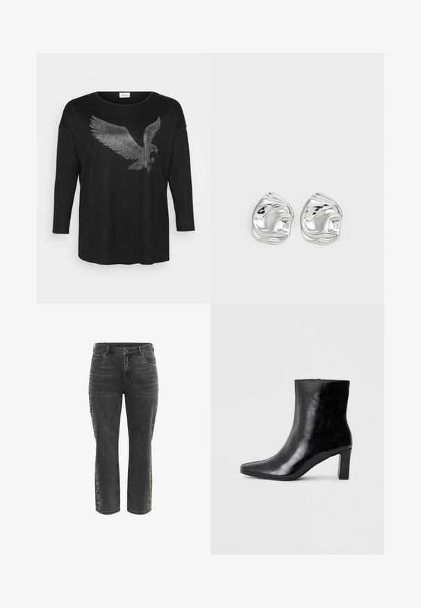Zwarte langemouwen shirt met een schitterend ontwerp van een adelaar gemaakt van zilveren rhinestones, met een relaxte pasvorm en ronde halslijn.; Zwarte high-waist rechte jeans met metalen knoop, voorzakken en kleine zilveren studs langs de buitenste zijnaad.; Zwarte enkellaars gemaakt van glanzend leer, met een puntige neus en een gemiddelde blokhak, voorzien van een gladde textuur en een eenvoudig ontwerp.; Zilveren abstracte studs met een gepolijste afwerking, met gladde rondingen en subtiele contouren. Geen zichtbare patronen of accenten.