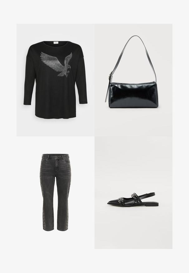 Zwarte langemouwen shirt met een schitterend ontwerp van een adelaar gemaakt van zilveren rhinestones, met een relaxte pasvorm en ronde halslijn.; Zwarte high-waist rechte jeans met metalen knoop, voorzakken en kleine zilveren studs langs de buitenste zijnaad.; Even&Odd Slingback ballerina´s - black; Zwarte rechthoekige schoudertas met een enkele verstelbare band en een bovenste ritssluiting op een effen achtergrond.