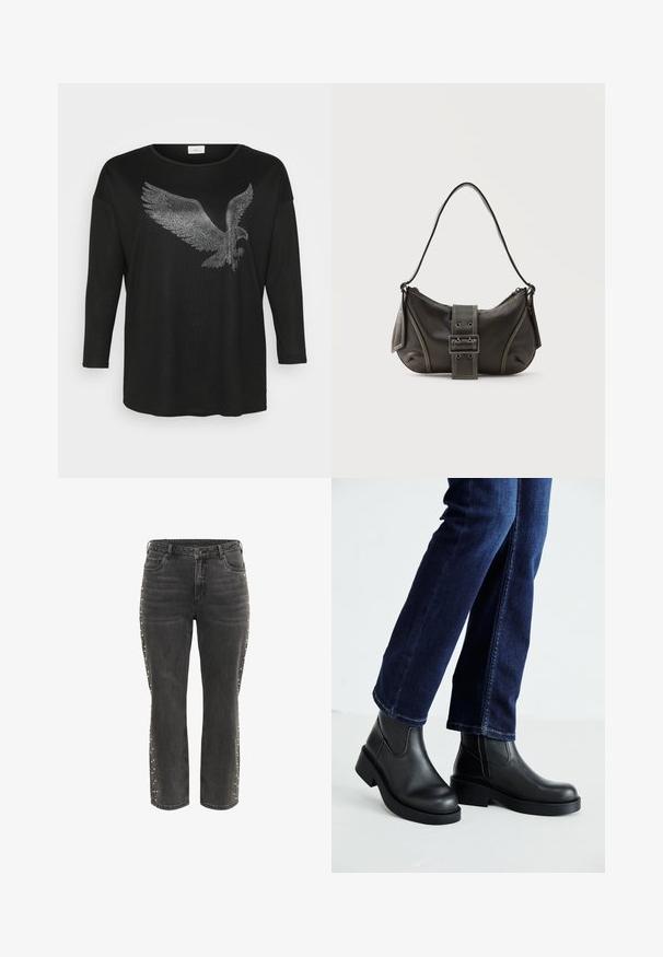 Zwarte langemouwen shirt met een schitterend ontwerp van een adelaar gemaakt van zilveren rhinestones, met een relaxte pasvorm en ronde halslijn.; Zwarte high-waist rechte jeans met metalen knoop, voorzakken en kleine zilveren studs langs de buitenste zijnaad.; Zwarte leren enkelboots met een dikke zool en zij-elastische panelen, gecombineerd met donkerblauwe jeans. De grond is lichtgekleurd.; Zwarte leren schoudertas met gespsluiting aan de riem, afgeronde hoeken en contrasterende witte stiksels op een effen achtergrond.
