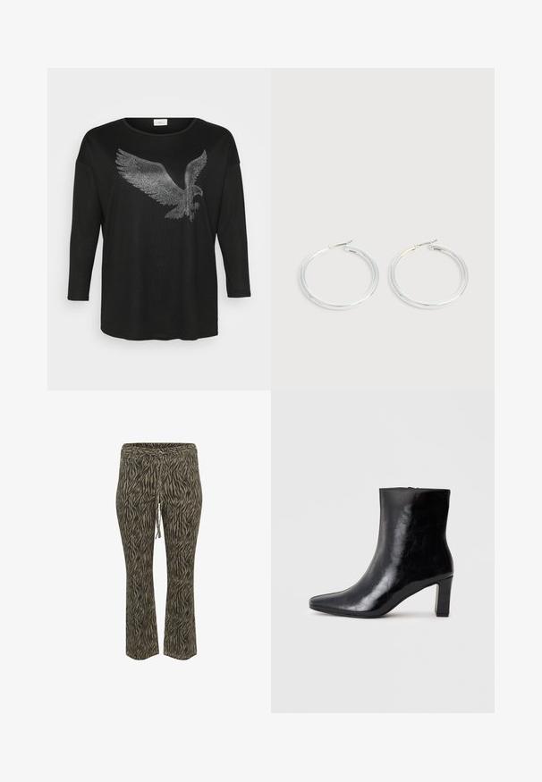 Chemise noire à manches longues ornée d'un design d'aigle scintillant en strass argentés, avec une coupe décontractée et un col rond.; Pantalons à taille élastique avec cordon de serrage, au motif zèbre khaki et beige. Design à taille mi-haute et jambes évasées, texture douce. Conviennent pour un usage décontracté.; Bottine noire en cuir brillant, avec un bout pointu et un talon carré moyen, présentant une texture lisse et un design simple.; Paire de boucles d'oreilles créoles argentées brillantes avec fermoirs en fil fin, présentée sur un fond gris clair.
