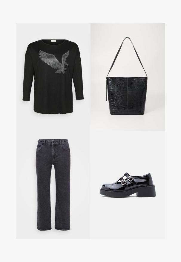 Sort langærmet skjorte med et glitrende ørne-design lavet af sølvfarvede rhinsten, med en afslappet pasform og rund halsudskæring.; Sorte denim jeans med lige ben design, fem lommer og knaplukning. Stoffet har en let falmet tekstur og robust syning.; Sorte platformssko i laklæder med bred hæl, udskåret design og to sølvspænder hen over vristen. Flad gummisål.; Sort håndtaske i krokodillepræget læder med flad krop, justerbar rem og lynlåslukning. Glat tekstur med struktureret form.