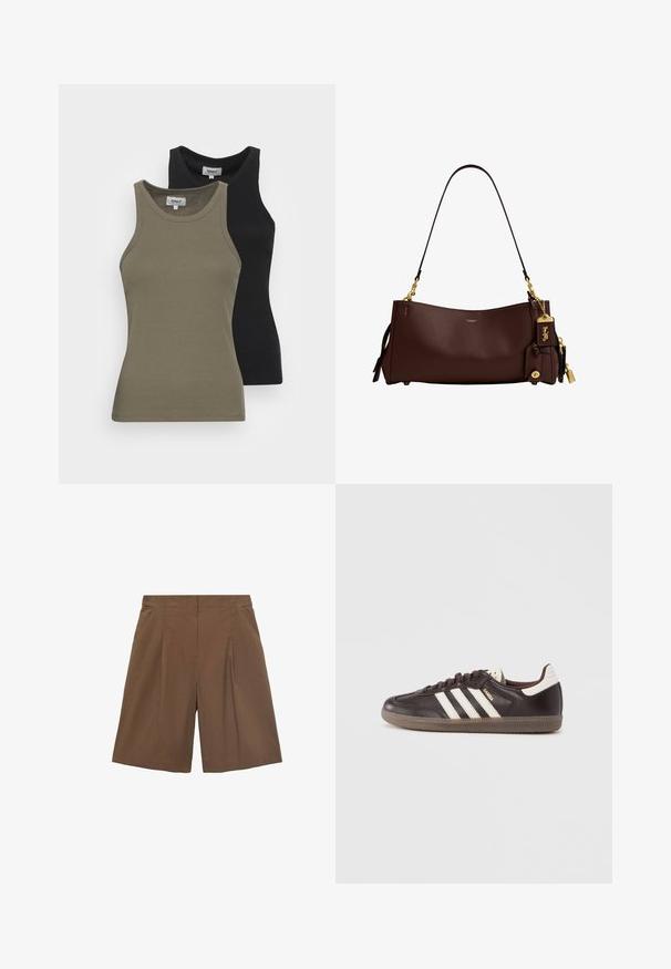 Dos camisetas sin mangas de canalé en verde oliva y negro. Presentan escote redondo y un diseño ajustado. Material de algodón suave.; Pantalones cortos marrones a medida con un frente plano, pliegues y bolsillos laterales. Fabricados con una tela ligera, ofrecen un ajuste relajado y bordes rematados.; Zapatillas deportivas de cuero marrón oscuro con diseño de tres franjas blancas, suela de goma y la palabra "Samba" en letras doradas en el lateral. Forma clásica de corte bajo.; Bolso de hombro Coach de cuero marrón oscuro con herrajes en tono dorado, una sola correa y etiquetas de marca y colgante de candado adjuntos.