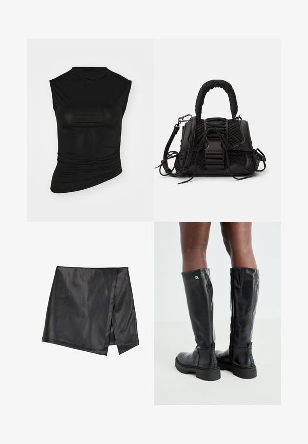 Zwarte mouwloze top met hoge hals, gemaakt van een gladde stof. Heeft geplooide details aan één zijde en een getailleerde silhoët.; Even&Odd by Zalando Minirok - black; Zwarte leren kniehoge laarzen met een gladde textuur, ronde neus, stevige zool en ritssluiting. Voorzien van een zilveren logo aan de zijkant.; Zwarte handtas met een gaas exterieur, geweven handvat en decoratieve veters. Inclusief afneembare schouderriem en contrasterende hardwareaccenten.