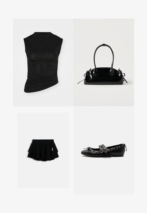 Top sans manches noir avec un col montant, fabriqué en tissu lisse. Présente des détails froncés sur un côté et une silhouette ajustée.; Mini-jupe noire à volants avec taille élastique et petit logo blanc sur le côté droit, présentée sur un fond clair uni.; Chaussure de ballet plate noire avec doubles brides à boucle, œillets argentés et petit nœud près de l’orteil arrondi sur fond blanc.; Petit sac à main noir brillant avec deux longues anses et des détails à cordon sur les côtés sur un fond clair uni.