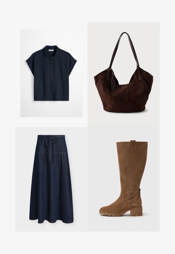 Marineblauw gebreid poloshirt met korte mouwen, een kraag, twee knopen en een rechte zoom.; Donkerblauwe denim A-lijn rok met sierstiksels en een voorgebonden ceintuur in de taille, getoond tegen een effen achtergrond.; Tamaris Laarzen - brown; Bruine suède handtas met een zachte, slungelige vorm. Voorzien van leren handvatten en een tagaccent. Eenvoudige textuur met gebogen naden.