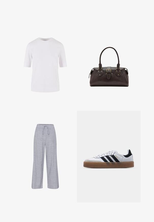 Camiseta blanca de mangas cortas hecha de algodón suave. Presenta un escote redondo y un corte recto, sin patrones ni adornos.; Pantalones anchos de rayas grises y blancas con cintura elástica y cordón. Tela ligera con un corte relajado.; Zapatillas de cuero blancas con rayas negras, suela de goma, puntera redonda, cierre de cordones y caperuza de ante gris suave.; Bolso de cuero marrón oscuro con dos asas, una correa central con hebilla y detalles metálicos en tono dorado.