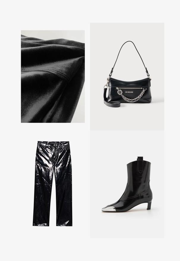Schwarzer Samtstoff mit einer weichen Textur, der glatte, fließende Falten und eine saubere Nahtdetail entlang der Kante aufweist.; Schwarze, hochglänzende, Kunstlederhosen mit weitem Bein, klassischem Fünf-Taschen-Design, Knopf- und Reißverschluss sowie glänzender Textur.; ALOHAS SHIMMER BICOLOR BOOTS - Stiefelette - black/silver; Schwarze Moschino Umhängetasche "Black Love" mit silberner Kettendetail, Reißverschlusstasche und verstellbarem Riemen vor weißem Hintergrund.
