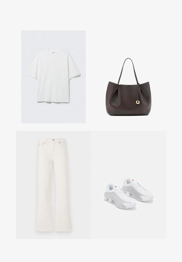 Weißes übergroßes Kurzarm-T-Shirt aus Baumwolle mit Rundhalsausschnitt und einem kleinen Markenetikett innen am Kragen.; Weiße ausgestellte Jeans aus Denim, mit hoher Taille, fünf Taschen und doppelt genähten Nähten, ergänzt durch Hardware-Akzente in Kupferfarbe.; Weiße Sportschuhe mit grauen Akzenten, die eine strukturierte Oberseite, Belüftungsperforationen und eine segmentierte Ferse für Dämpfung aufweisen.; Dunkelbraune Ledertasche mit einem einzelnen Schulterriemen und einem runden goldfarbenen Anhänger, der an einer dünnen Lederkordel hängt.