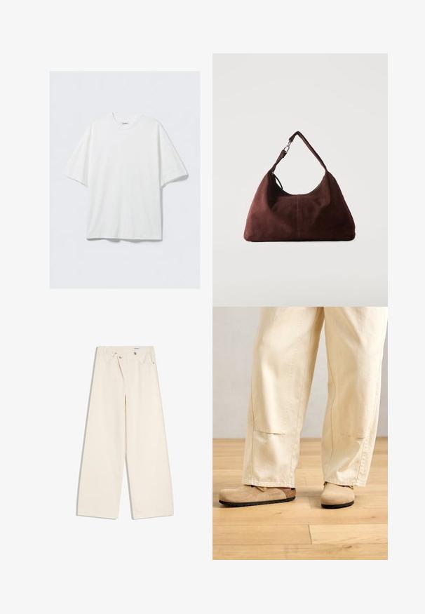 T-shirt blanc surdimensionné en coton à manches courtes avec col rond et une petite étiquette de marque à l'intérieur du col.; Pantalon large couleur écru avec poches avant, passants pour ceinture, et boutons argentés sur la ceinture et les bords des poches.; Pantalons larges beiges portés avec des sabots en suède tan de style Birkenstock sur un sol en bois clair.; Sac bandoulière en daim marron doux avec une seule lanière et des accessoires métalliques argentés sur un fond clair uni.