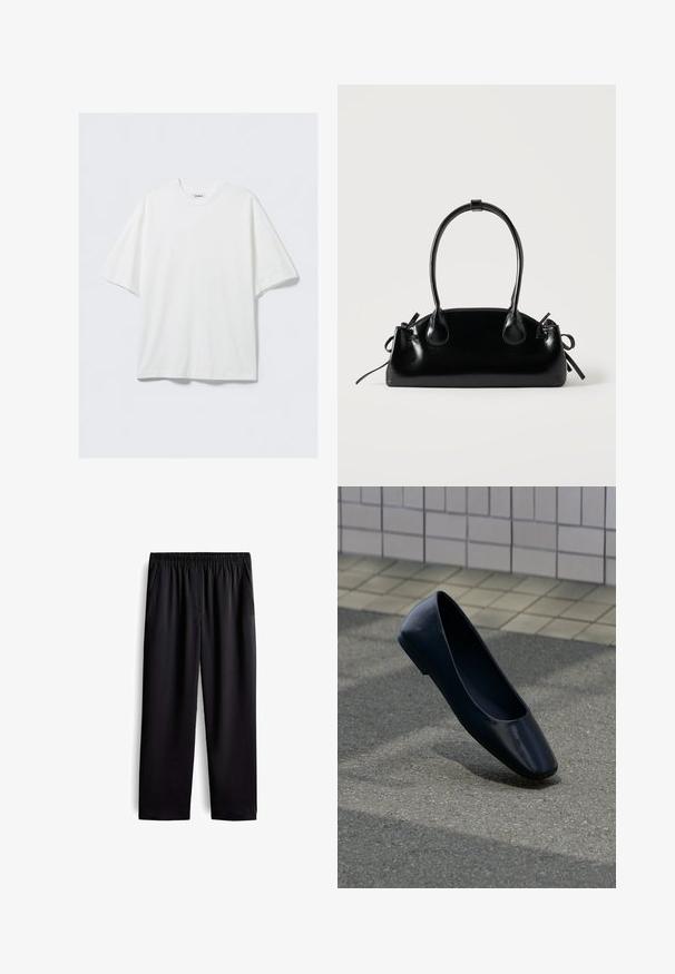 Wit oversized katoenen T-shirt met korte mouwen, ronde hals en een klein merkembleem aan de binnenkant van de kraag.; Zwarte op maat gemaakte broek met een elastische tailleband, zijzakken, rechte pijpen, een gladde stofstructuur en zonder zichtbare patronen of accenten.; Zwarte leren platte schoen staat rechtop op een asfaltoppervlak nabij de rand van een betegeld trottoir.; Kleine zwarte glanzende handtas met twee lange hengsels en zijkant trekkoord details op een effen lichte achtergrond.