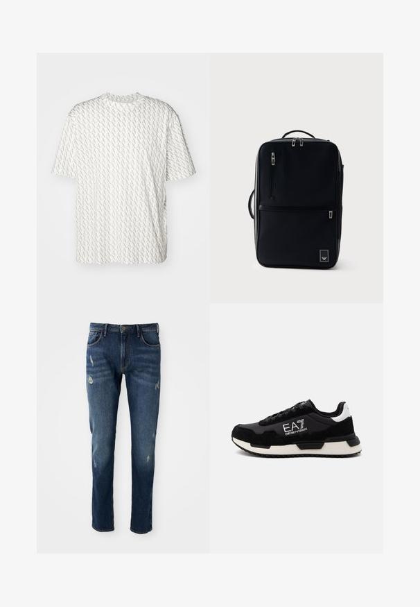 Hvid t-shirt med et gentaget gråt "A" mønster, korte ærmer, rund halsudskæring og en afslappet pasform. Fremstillet af blødt stof.; Mørkeblå denimjeans med slim fit, let slid på lår og knæ, klassisk fem-lomme design og knaplukning.; Sort og hvid Emporio Armani EA7 sneaker med snørelukning og tyk sål, vist fra siden på en ensfarvet lys baggrund.; Sort rektangulær rygsæk med lodrette lynlåslommer, topgreb, sidegreb og lille logopatch i nederste højre hjørne.