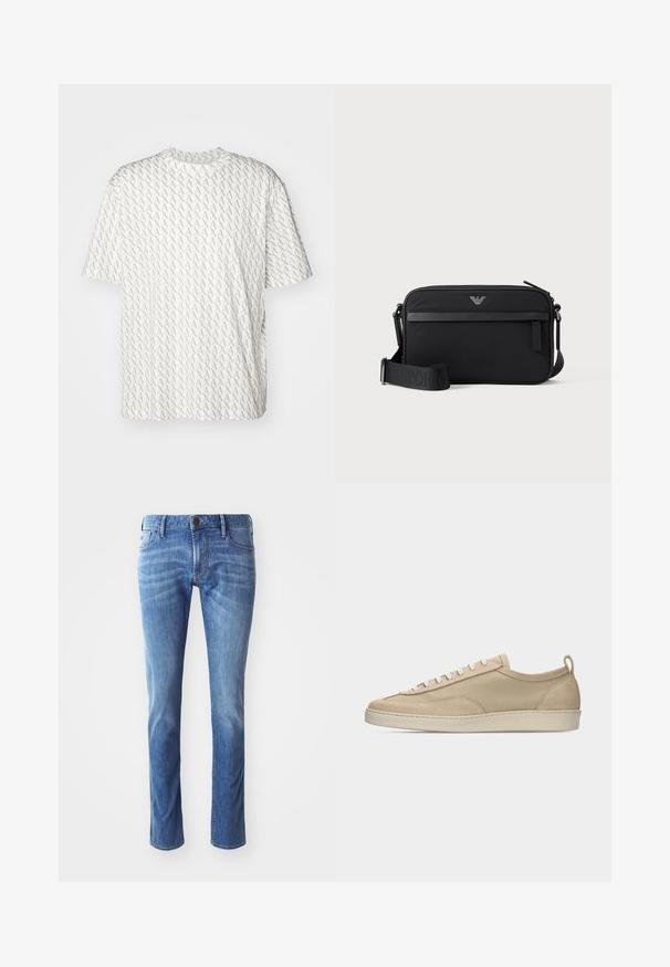 Camiseta blanca con un patrón repetido de letras "A" en gris, mangas cortas, escote redondo y un corte holgado. Fabricada con una tela suave.; Jeans de denim azul claro con un diseño de pierna recta, que cuentan con el estilo tradicional de cinco bolsillos y un sutil desvanecimiento hacia las rodillas.; Zapatilla baja beige con parte superior de tela y ante, cordones blancos, suela de goma y lengüeta en el talón, mostrada de perfil sobre fondo blanco.; Bolso bandolera rectangular negro con bolsillo frontal con cremallera, correa ajustable y pequeño logo metálico en el centro superior.