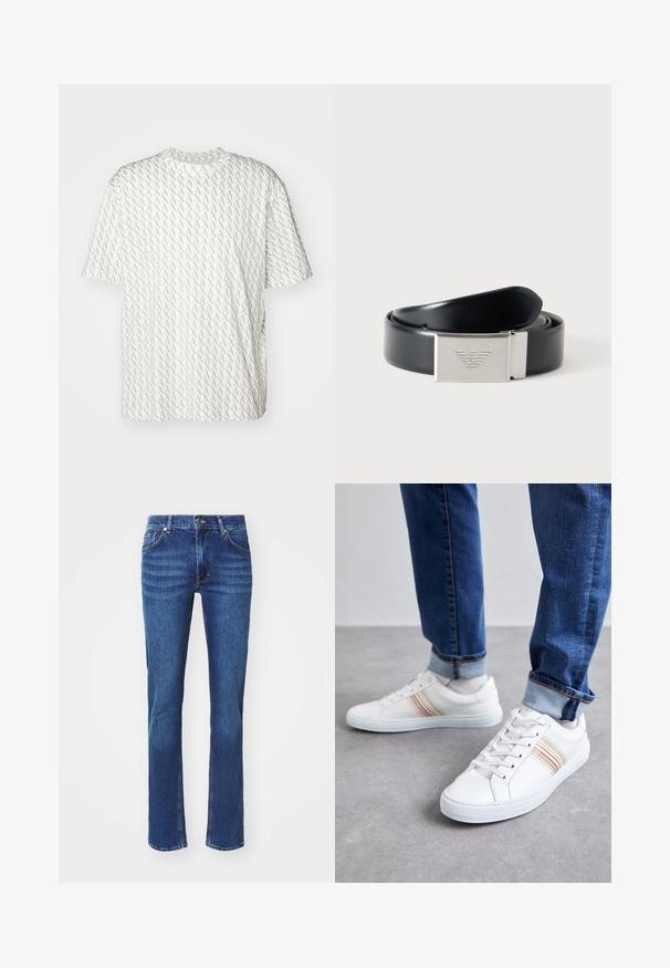 Weißes T-Shirt mit einem wiederholenden grauen "A"-Muster, kurzen Ärmeln, Rundhalsausschnitt und lockerer Passform. Hergestellt aus weichem Material.; Dunkelblaue Denim-Jeans mit geradem Bein, dezent ausgebleicht, fünf Taschen und Knopfverschluss. Neutrale Nähte setzen Akzente.; Weiße Leder-Sneaker mit mehrfarbigen Streifen, Schnürdesign, Gummisohle und gepolstertem Kragen, kombiniert mit blauen Jeans.; Schwarzer Ledergürtel, zusammengerollt, mit rechteckiger silberner Schnalle, geprägt mit einem stilisierten Adler-Logo auf einfachem hellem Hintergrund.