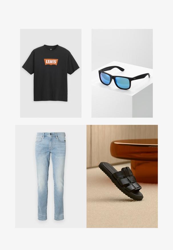Čierne bavlnené tričko s veľkým oranžovým logom Levi's na prednej strane, s krátkymi rukávmi a okrúhlym výstrihom.; Svetlo modré slim-fit džínsy s predným gombíkom, zipsom a piatimi vreckami, vystavené na jednoduchom bielom pozadí.; Čierna kožená nazouvacia sandála so širokými remienkami a rebrovanou podrážkou na béžovom koberci pri hnedom okrúhlom konferenčnom stolíku.; Čierne obdĺžnikové slnečné okuliare s modrými zrkadlovými sklami. Majú matný povrch a logo Ray-Ban na spánkoch.