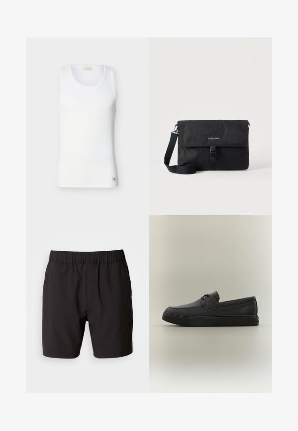 Hvid ribbet ærmeløs tanktop med rund halsudskæring og lille Calvin Klein-logo mærke nær kanten på ensfarvet baggrund.; Sorte shorts lavet af strækbart stof, med en elastisk talje, sidelommer og et simpelt, rent design. Ingen mønstre eller detaljer.; Sort afslappet læderloafer med snøredetaljer og tyk gummisål, vist fra siden på en neutral baggrund.; Sort Calvin Klein messenger-taske med justerbar skulderrem og frontklap sikret med spænde, vist mod en ensfarvet baggrund.