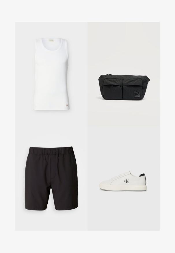 Witte geribbelde mouwloze tanktop met ronde halslijn en een klein Calvin Klein-logo labeltje bij de zoom op een effen achtergrond.; Zwarte shorts van rekbare stof, met een elastische tailleband, zijzakken en een eenvoudig, strak ontwerp. Geen patronen of accenten.; Witte leren sneakers met een ronde neus, platte rubberen zool en zwarte hielaccent. Voorzien van een prominent zwart Calvin Klein-logo aan de zijkant.; Zwarte gewatteerde stoffen etui met twee voorvakken en een ritssluiting aan de bovenzijde. Voorzien van het Calvin Klein-logo in een vierkant rechtsonder.