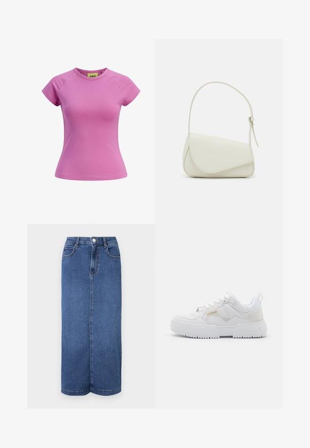 Lille pink T-shirt med rund halsudskæring, korte raglanærmer og en tætsiddende pasform. Fremstillet af glat bomuldsstof. Mærket synligt indeni.; Mørkeblå denim maxiskørt med lige snit, talje med knaplukning og minimale syninger.; Hvide sneakers med et chunky design, fremstillet af læder og syntetiske materialer, med teksturerede detaljer, snørebånd og et fremtrædende logo i guld.; Hvid taske i faux læder med en struktureret trekantet form, enkelt justerbart skulderstrop og en flaplås med kurver.