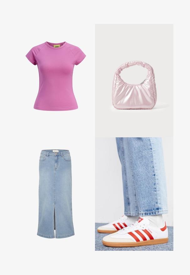 Kurzes rosa T-Shirt mit rundem Ausschnitt, kurzen Raglannärmeln und taillierter Form. Hergestellt aus glattem Baumwollstoff. Etikett innen sichtbar.; Hellblaues Denim-Midirock mit einem Schlitz vorne, geradem Schnitt, klassischem Fünf-Taschen-Design und einem verwaschenen Finish. Mit weißem Markenlabel.; Weiße Leder Sneaker mit roten Streifen und Akzenten. Verfügt über eine strukturierte Gummi-Laufsohle und einen gepolsterten Schaft. Tragen mit hellblauer Jeans.; Rosa, gepolsterte Handtasche mit abgerundeter Form, aus glänzendem Material gefertigt. Verfügt über einen gerafften Griff und einen Reißverschluss für sicheren Zugang.
