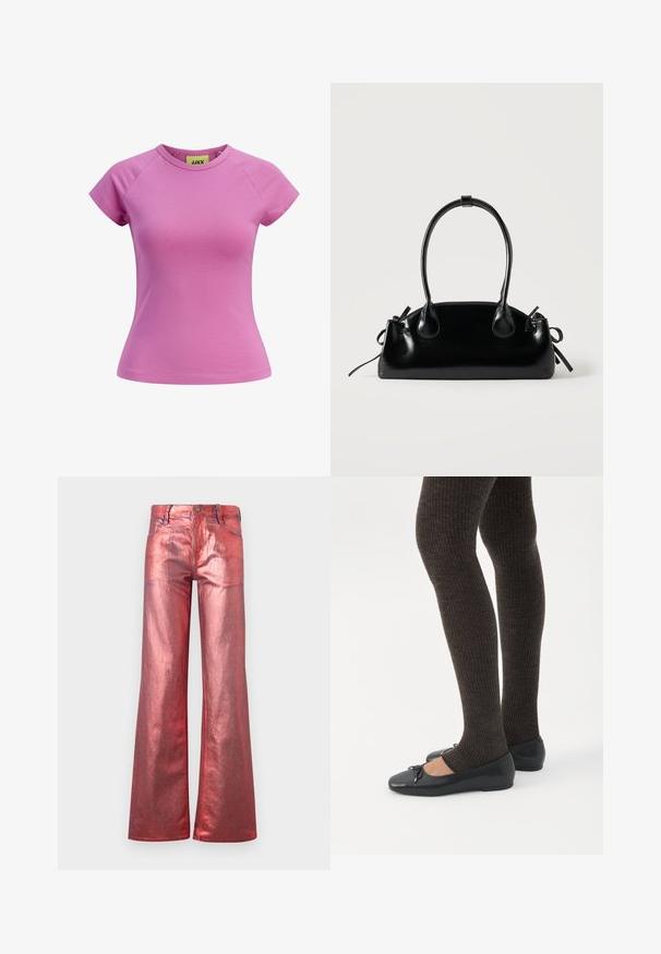 Lille pink T-shirt med rund halsudskæring, korte raglanærmer og en tætsiddende pasform. Fremstillet af glat bomuldsstof. Mærket synligt indeni.; Rød metallisk bredbensjeans med en blank finish, fem lommer og syninger i kontrast. Har en knap- og lynlåslukning.; Ben iført mørke ribbede leggings kombineret med sorte balletsko med små sløjfedetaljer på hvid baggrund.; Lille sort blank håndtaske med to lange håndtag og snøre-detaljer i siden på en ensfarvet lys baggrund.