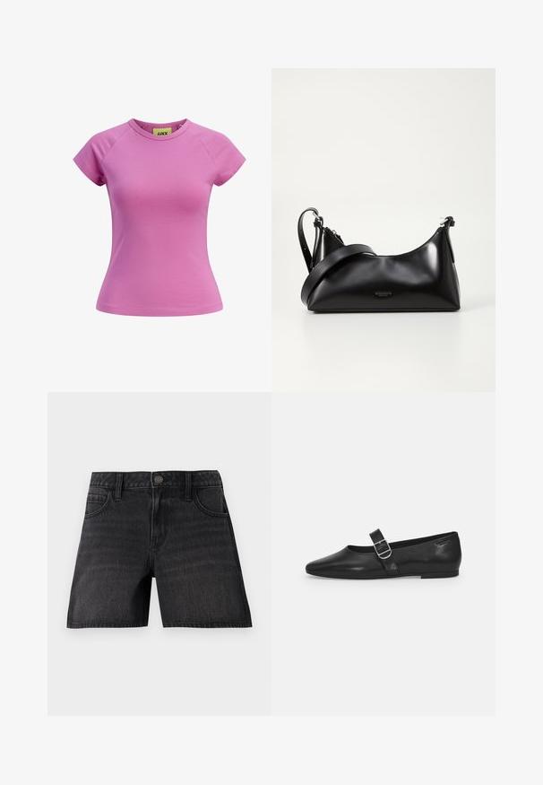 Kurzes rosa T-Shirt mit rundem Ausschnitt, kurzen Raglannärmeln und taillierter Form. Hergestellt aus glattem Baumwollstoff. Etikett innen sichtbar.; Schwarze Denim-Shorts mit klassischem Schnitt, fünf Taschen, Knopfverschluss und subtiler Ausbleichung der Stofftextur.; Schwarzer Lederflatschuh mit runder Zehenform, einem verstellbaren Schnallenriemen und einer glatten, glänzenden Oberfläche. Minimalistisches Design mit einem niedrigen Absatz.; Schwarze lederne Handtasche mit glatter Textur. Verfügt über einen verstellbaren Riemen und ein elegantes, minimalistisches Design mit einem Reißverschluss.