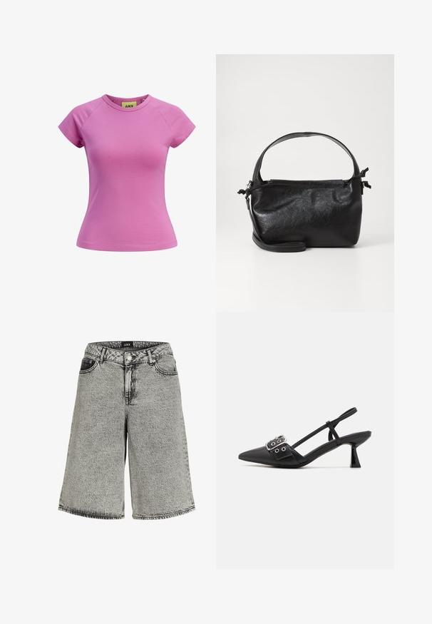 Lille pink T-shirt med rund halsudskæring, korte raglanærmer og en tætsiddende pasform. Fremstillet af glat bomuldsstof. Mærket synligt indeni.; Denimshorts i falmet sort med løs pasform, der har høj talje, fem-lomme design og synlige syninger.; Simmi London DALA - Pumps - black; Sort læderhåndtaske med et struktureret design, rund tophåndtag og aftagelig skulderrem. Den har en glat tekstur og en subtil glans.