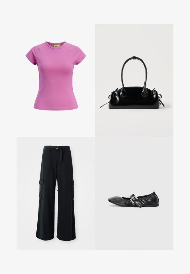 T-shirt rose court avec un col rond, des manches raglan courtes et une coupe ajustée. Fabriqué en tissu coton lisse. Étiquette visible à l'intérieur.; Pantalons cargo larges noirs en coton avec ceinture à nouer, dotés de deux poches latérales et d'une texture de tissu lisse.; Chaussure plate en cuir noir avec un nez pointu, des détails froncés autour de l'ouverture et un accent en boucle argentée sur la bride ajustable.; Petit sac à main noir brillant avec deux longues anses et des détails à cordon sur les côtés sur un fond clair uni.