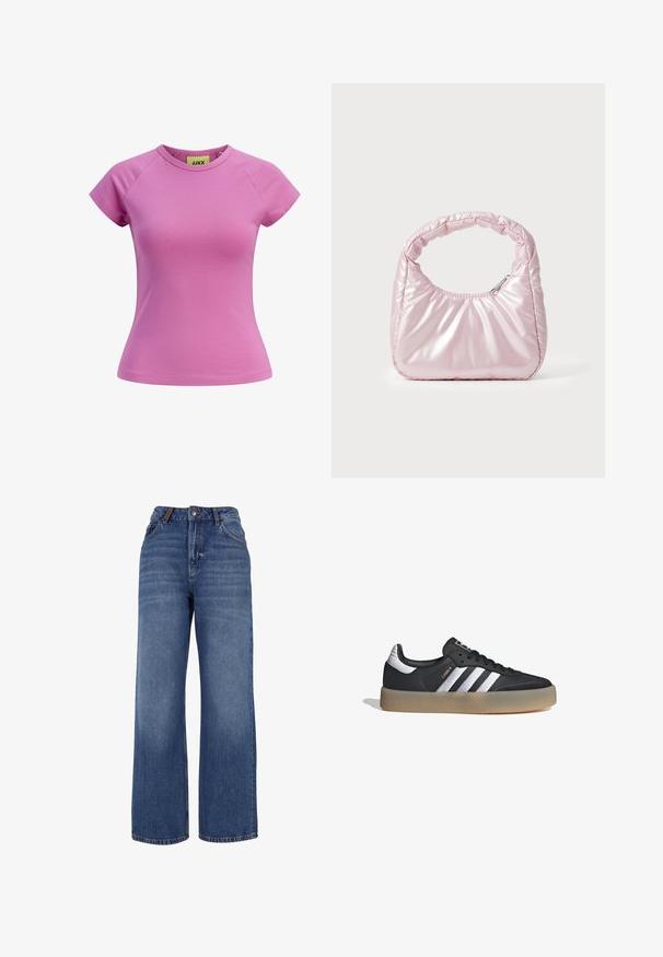 Camiseta corta rosa con escote redondo, mangas raglán cortas y forma ajustada. Hecha de una suave tela de algodón. Etiqueta visible en el interior.; Pantalones vaqueros de pierna ancha hechos de tejido de algodón azul de peso medio. Presentan un diseño clásico de cinco bolsillos y una cremallera con cierre de botón.; Zapatilla deportiva de cuero negro con tres rayas plateadas, punta texturizada y suela de goma. Cuenta con un collar acolchado y un diseño con cordones.; Bolso de mano acolchado en color rosa con un diseño redondeado, fabricado en material brillante. Presenta un asa fruncida y un cierre de cremallera para un acceso seguro.
