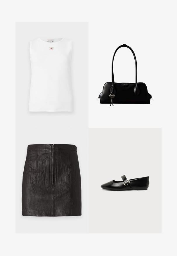 Hvid ærmeløs top med ribstruktur og et lille rødt og sort Calvin Klein-logo centreret under halsudskæringen.; Sort læder mini-skirt med lynlås foran og subtile lodrette sømdetaljer på en ensfarvet baggrund.; Sort læder Mary Jane-flad sko med rundet tå og sølvspænde på ensfarvet baggrund.; Sort lædertaske fra Calvin Klein med lange håndtag, en forside-logo-tag og en sølv geometrisk vedhæng, der hænger fra det ene håndtag.