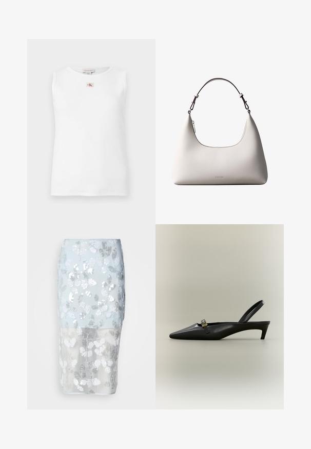 Witte mouwloze geribbelde tanktop met een klein rood en zwart Calvin Klein-logo gecentreerd net onder de halslijn.; Pailletten kokerrok met een lichtblauwe transparante overlay en een wit bloemenpatroon. Heeft zilveren pailletten en een getailleerde pasvorm.; Zwarte lederen slingback kitten heel met puntige neus en klein gouden gespsluiting op een effen achtergrond.; Romige Calvin Klein leren schoudertas met gebogen bovenrand, zilveren rits en donkerbruine verstelbare riem.