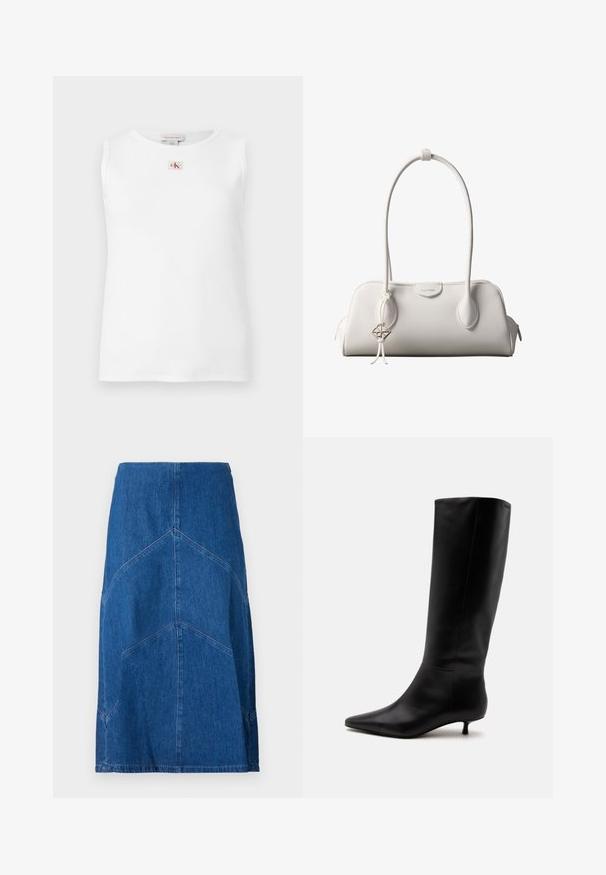 Weißes ärmelloses geripptes Tanktop mit kleinem roten und schwarzem Calvin Klein Logo, zentriert unterhalb des Halsausschnitts.; Denim-Bleistiftrock in Dunkelblau mit vertikalen Nahtdetails und gerader Silhouette. Verfügt über einen Bund und einen rohen Saum.; Schwarzer kniehoher Lederstiefel mit spitz zulaufender Schuhspitze und niedrigem Kittenabsatz vor einem schlichten hellen Hintergrund.; Weiße Calvin Klein Schultertasche mit langen Griffen, rechteckiger Form, Reißverschluss und dekorativem Logo-Anhänger, der in der Nähe des Griffs hängt.