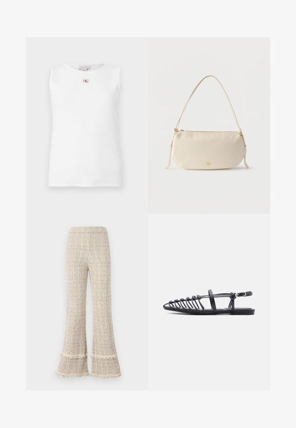 Hvid ærmeløs top med ribstruktur og et lille rødt og sort Calvin Klein-logo centreret under halsudskæringen.; Vidde bukser i et struktureret beige stof, med frynsekanter og høj talje. Designet tilbyder en afslappet pasform og godt fald.; Sort flad sandal med flere tynde remme, ankelrem med spænde og åben tå-burdesign på hvid baggrund.; Kræmmerhvid lille skuldertaske med enkelt rem, lynlås og diskret gyldent mærkelogo på forsiden.