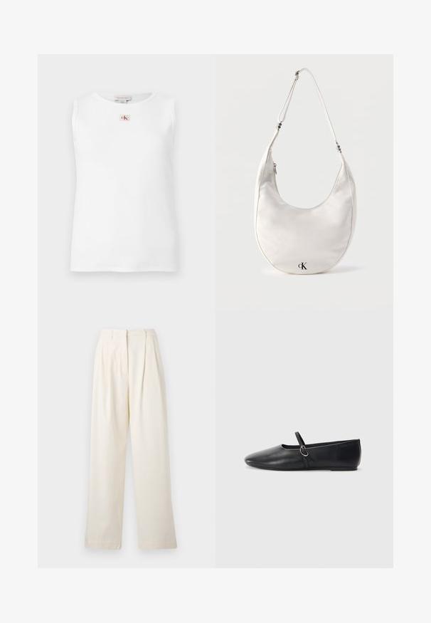 Weißes ärmelloses geripptes Tanktop mit kleinem roten und schwarzem Calvin Klein Logo, zentriert unterhalb des Halsausschnitts.; Beige weit geschnittene Hose aus glattem Stoff, mit Falten vorne, hoher Taille und geradem Schnitt bis zum Saum.; Schwarze Leder-Ballettschuhe mit spitzem Schuhzeug, flacher Sohle und einem kleinen Riemen mit silberner Schnalle.; Weiße, halbmondförmige Schultertasche mit verstellbarem Riemen und schwarzem „cK“-Logo in der Nähe der unteren Mitte vor einfarbigem Hintergrund.