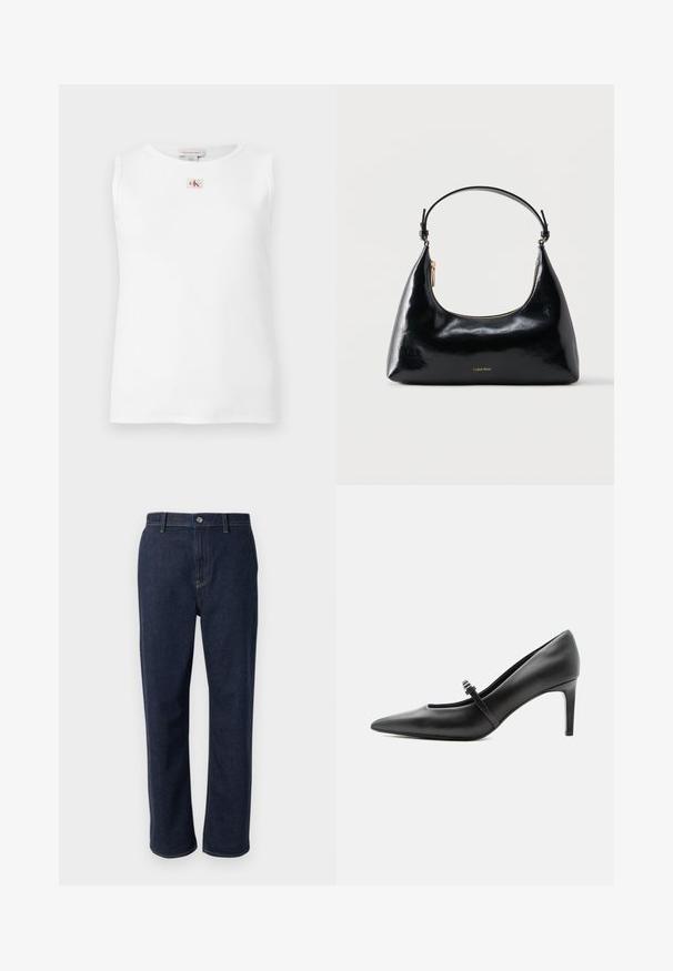 Weißes ärmelloses geripptes Tanktop mit kleinem roten und schwarzem Calvin Klein Logo, zentriert unterhalb des Halsausschnitts.; Dunkelblaue Denim-Jeans mit geradem Bein, versehen mit einem Reißverschluss, Fronttaschen und sichtbaren Nähten in einer kontrastierenden Farbe.; Schwarzer Leder-Pumps mit spitzer Zehenpartie, dünnem Riemen und Schnalle über dem Spann, stehend auf hellem neutralem Hintergrund.; Schwarze, glänzende Calvin Klein Handtasche mit goldfarbenem Reißverschluss und kurzem Trageriemen vor schlichtem weißem Hintergrund.