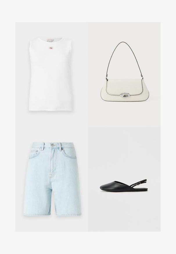 Débardeur blanc sans manches en maille côtelée avec un petit logo Calvin Klein rouge et noir centré juste en dessous de l'encolure.; Shorts en denim bleu clair à taille haute, avec un design à cinq poches et une fermeture par bouton en laiton. Présente des coutures discrètes et des bords effilochés.; Chaussures slingback en cuir noir avec un bout pointu, un design incurvé et une sangle réglable à boucle. Texture lisse, semelle plate, détails minimaux.; Sac à main en cuir blanc avec un design courbé, des coutures noires contrastantes, et un fermoir en métal argenté arborant le logo Calvin Klein.