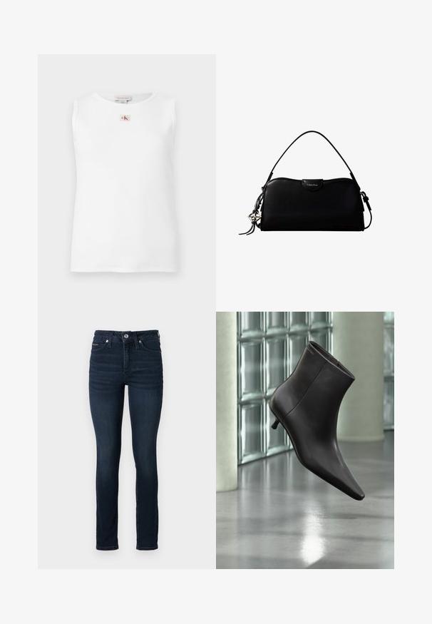 Camiseta sin mangas blanca de canalé con pequeño logo de Calvin Klein en rojo y negro centrado debajo del cuello.; Jeans de tiro alto en denim azul oscuro, con un corte ajustado y un ligero desvanecido. Cierre en la cintura con un simple botón de metal y cremallera.; Bota de cuero negro para el tobillo con puntera puntiaguda y tacón pequeño, exhibida frente a una pared de bloques de vidrio y un suelo pulido.; Bolso rectangular negro de Calvin Klein con una única correa superior, dije con el logo plateado y un pequeño cierre de solapa en la parte frontal.