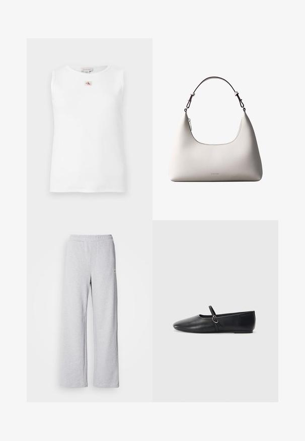 Biely bezrukávnik so žebrovaným vzorom a malým červeno-čiernym logom Calvin Klein umiestneným v strede pod výstrihom.; Svetlošedé tepláky s širokým strihom, elastickým pásom a jemnými detailmi šitia. Vyrobené z mäkkej, priedušnej tkaniny.; Čierne kožené baletky s špicatou špičkou, plochou podrážkou a malým remienkom so striebornou prackou.; Krémová kožená kabelka Calvin Klein cez rameno s oblým horným okrajom, strieborným zipsom a tmavo hnedým nastaviteľným remienkom.