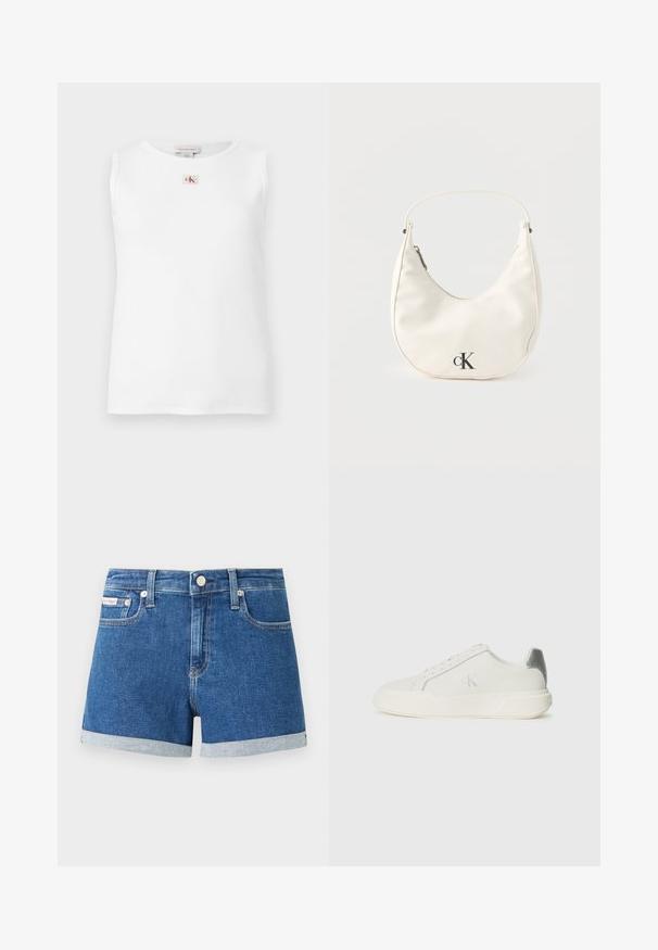 Weißes ärmelloses geripptes Tanktop mit kleinem roten und schwarzem Calvin Klein Logo, zentriert unterhalb des Halsausschnitts.; Dunkelblaue Jeansshorts mit umgeschlagenen Säumen. Verfügt über einen Knopfverschluss und Fronttaschen. Glatte Textur mit dezenten Steppdetails.; Weißer Sneaker aus Leder mit glatter Textur, ausgestattet mit einem silbernen Akzent an der Ferse, flacher Sohle und minimalistischem Design.; Kleine weiße halbmondenförmige Handtasche mit kurzem Trageriemen, Reißverschluss und schwarzem "cK"-Logo auf der Vorderseite.