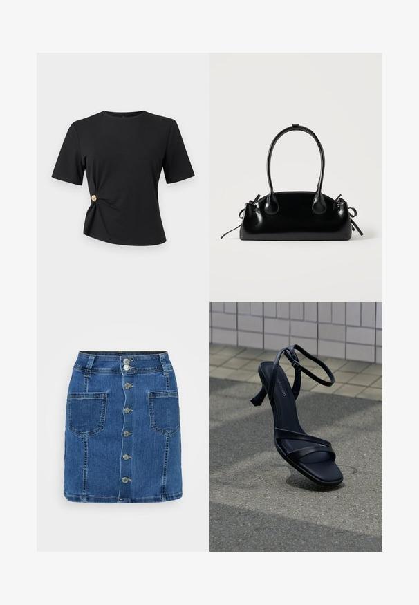 Must lühikeste varrukatega topp ümar kaelusega ja külgmise drapeerimise detailiga, mis on kinnitatud väikese kuldse dekoratiivse nööbiga.; Denim seelik, millel on külgeulatuv vöökoht, viis metallnuppu ees ja kaks suurt küljekotitäit. Keskmise reie pikkus ja klassikaline sinine värv.; Mustad rihmikud kontsakingadega ja pahkluu pandlaga, hõljuvad tekstuurse halli kõnnitee kohal, taustal plaatidest sein.; Väike must läikiv käekott kahe pika sangaga ja külgedel paelakinnitustega, ühel lihtsal helel taustal.