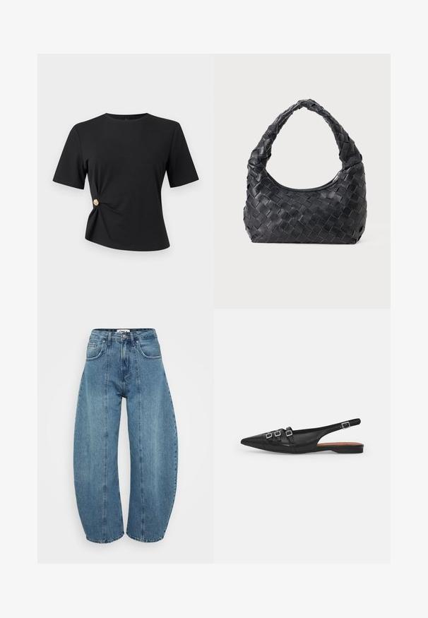 Sort top med korte ærmer, rund halsudskæring og sidefold med en lille guldbesat knap.; Lyseblå højaldene jeans lavet af denim, med bred benklip, fem lommer og syningsdetaljer. Glat tekstur med et rent finish.; Sort læderslyngeflad sko med spids tå, der har to vandrette stropper og firkantede sølvspænder, lav hæl og glat tekstur.; Sort læder vævet skuldertaske med et afrundet håndtag og en halvmåneformet krop på en ensfarvet baggrund.