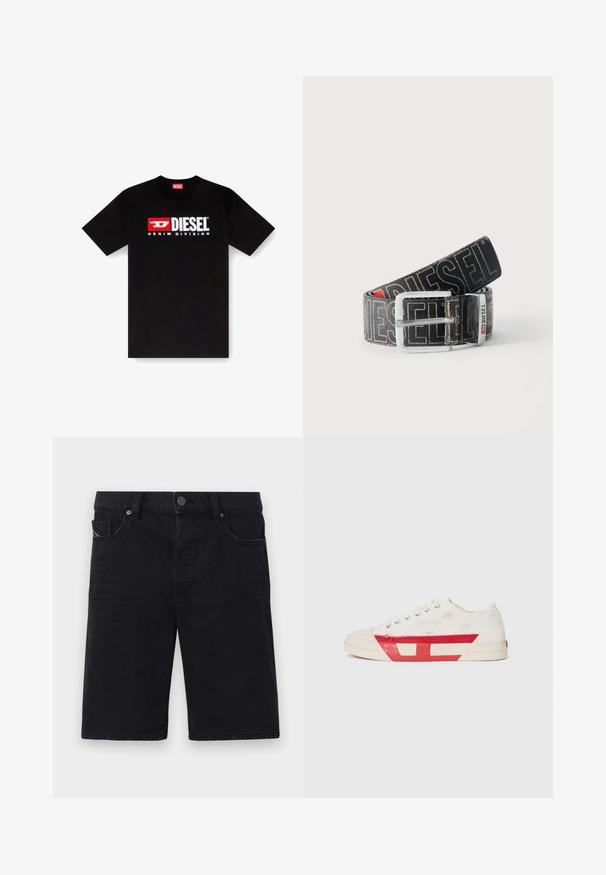 Must have must t-särk, mis on valmistatud puuvillast, lühikeste varrukatega, esiosas valge ja punane "DIESEL DENIM DIVISION" graafiline logo.; Mustadest denimist lühikesed püksid sirge lõikega, viie taskuga, metallist detailidega ja nähtava õmblusega. Pehme tekstuur ja lihtne disain.; Kanva ketsid valge ülemise osaga, punaste kummist aktsentidega ja tekstureeritud disainiga. Omab ümmargust varbaosa ja viit silmust paelte jaoks.; Must must diislivöö suure valge logoteksti, ristkülikukujulise hõbedase pandla ja kaubamärgiga metallist aasaga, keritud heledal taustal.